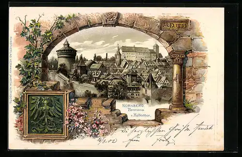 Passepartout-Lithographie Nürnberg, Panorama vom Hallertor, Wappen