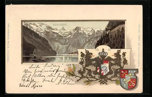 Passepartout-Lithographie Königsee, Teilansicht mit Boot, Wappen
