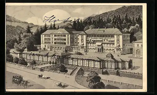 Künstler-AK Wildbad /Schwarzwald, Klumpp`s Hotel Bellevue mit Pferdewägen