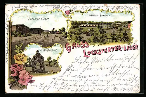 Lithographie Lockstedter-Lager, Scheiben-Depot, Wellblech-Baracken, Moltke-Denkmal