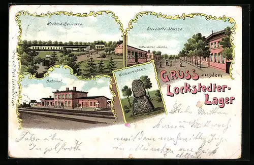 Lithographie Lockstedter-Lager, Gravelotte-Strasse mit Kommandantur-Kantine, Bahnhof, Waldersee-Stein