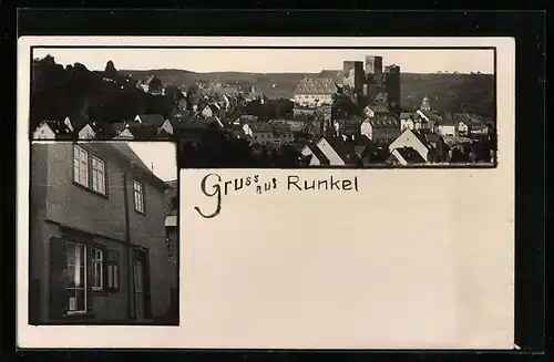 AK Runkel, Teilansicht mit Burg, Wohnhaus