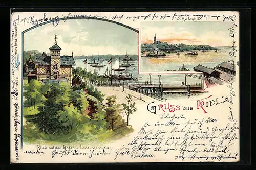 Lithographie Kiel, Blick auf den Hafen u. Landungsbrücken, Dampfer
