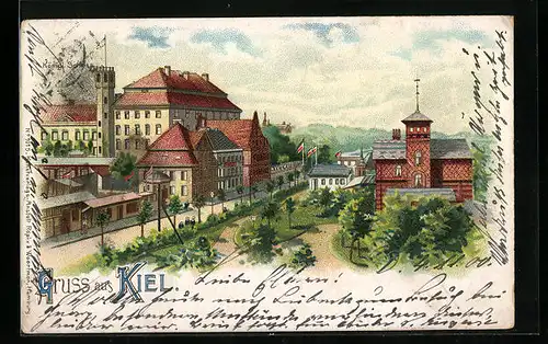 Lithographie Kiel, Königl. Schloss und Kirche