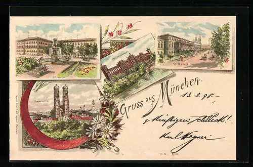 Lithographie München, Universität, Kgl. Residenz, Frauenkirche