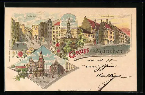 Lithographie München, Karlsthor, K. Hofbräuhaus, Löwenbräukeller