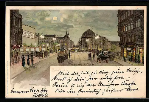 Lithographie Berlin, Weidendammer-Brücke mit Pferdekutschen