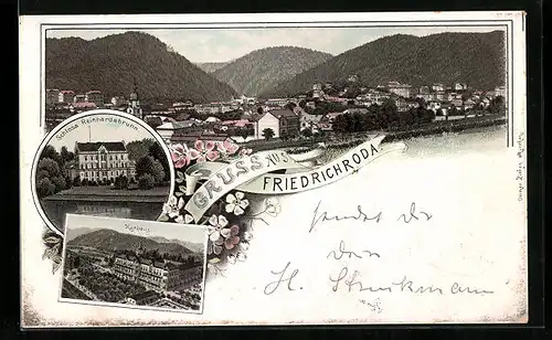 Lithographie Friedrichroda, Schloss Reinhardsbrunn, Kurhaus