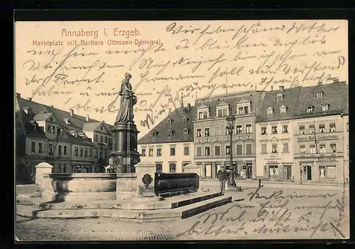AK Annaberg i. Erzgeb., Marktplatz mit Barbara Uttmann-Denkmal