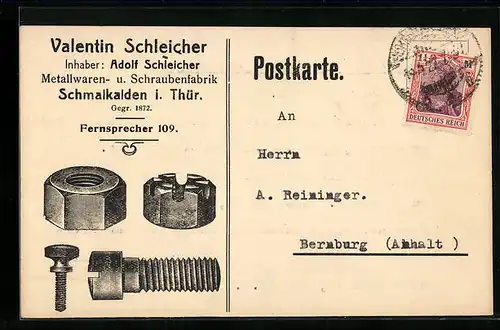 AK Schmalkalden i. Thür., Valentin Schleicher Metallwaren- u. Schraubenfabrik Reklame