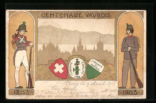 Lithographie Schweiz, Centenaire Vaudois, Stadtsilhouette, Soldaten 1803 und 1903