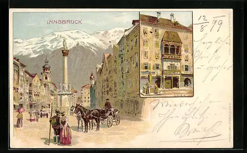 Künstler-AK Richard Hegedüs-Geiger: Innsbruck, Wohnhaus, Strassenpartie mit Denkmal