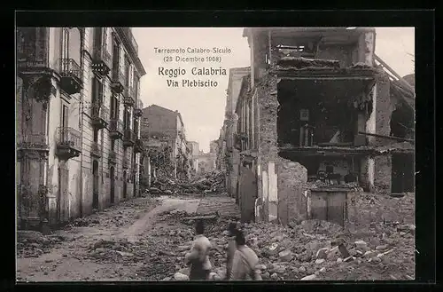 AK Reggio Calabria, Terremoto Calabro-Siculo 1908, Via Plabiscito, Zerstörte Strassenpartie nach Erdbeben