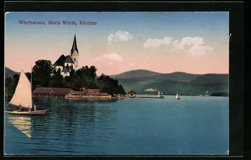 AK Maria Wörth, Kirche, Bootshäuser und Bootsanleger