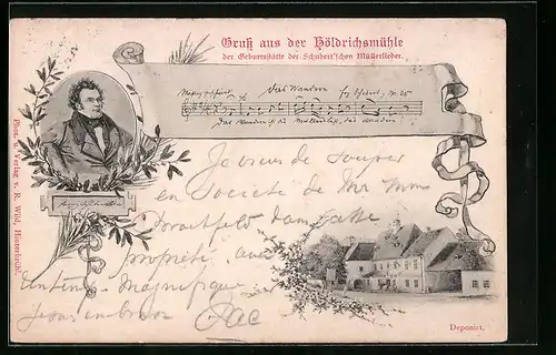 AK Hinterbrühl, Gasthaus Höldrichsmühle, Schubertportrait, Müllerlied mit Noten