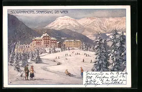 Künstler-AK Semmering, Südbahnhotel mit Schlitten- und Skifahrern