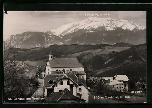 AK St. Corona am Wechsel, Ortspartie mit Kirche und Schneeberg