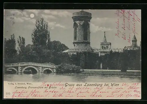 Mondschein-AK Laxenburg, Franzensfeste mit Brücke