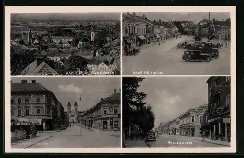 AK Amstetten /Niederdonau, Wienerstrasse mit Geschäften, Bahnhofstrasse mit Kirche, platz