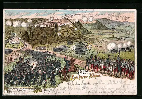 Lithographie Saarbrücken, Spicherer Höhen, Soldaten in der Schlacht am Spicherer Berge 1870