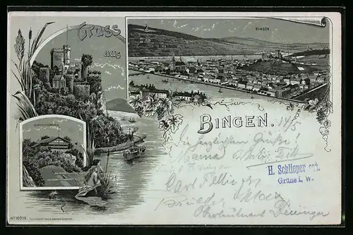 Mondschein-Lithographie Bingen, Gasthaus Schweizerhaus, Burg, Teilansicht