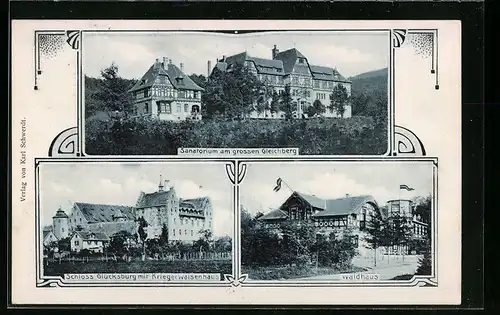 AK Römhild, Grosser Gleichberg, Schloss Glücksburg mit Kriegerwaisenhaus, Sanatorium, Gasthof Waldhaus