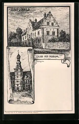 Künstler-AK Husum, Alter Schlossturm, Haus Cornils