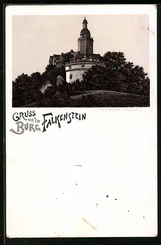 Lithographie Falkenstein, Blick auf Ort mit Turm