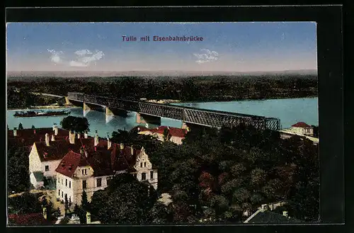 AK Tulln, Blick auf Eisenbahnbrücke und Dampfer