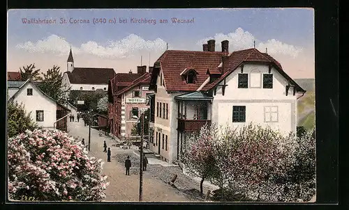 AK St. Corona bei Kirchberg, Strassenpartie mit Hotel und blühenden Bäumen
