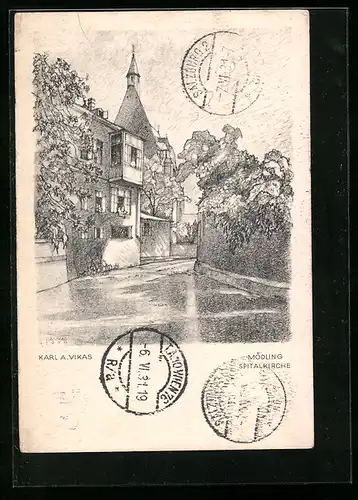 Künstler-AK Mödling, Partie an der Spitalkirche