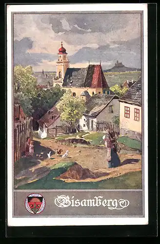 AK Deutscher Schulverein Nr.: 384: Bisamberg, Ortspartie mit Kirche und Bäuerin
