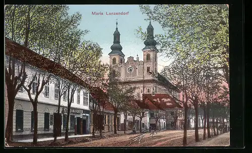 AK Maria Lanzendorf, Ortsansicht mit Wallfahrtskirche