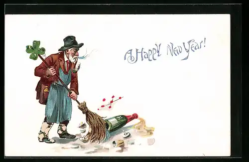 Präge-AK Strassenkehrer fegt eine Sektflasche weg, Neujahrsgruss