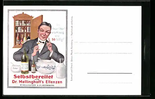 Künstler-AK Bückeburg, Dr. Mellinghoff & Co., Herr mit einem Likörglas, Reklame
