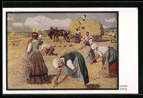 AK Bauern mit einem Pferdewagen bei der Ernte