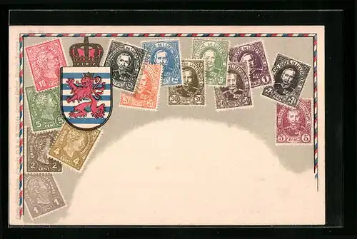 Künstler-AK Luxembourg, Briefmarken und Wappen