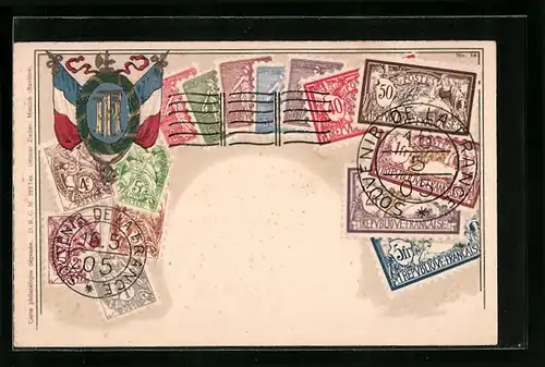 Präge-Künstler-AK Frankreich, Briefmarken und Wappen