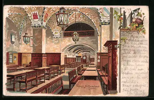 Lithographie München, Münchner Hofbräuhaus, Innenansicht