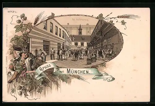Lithographie München, Münchner Hofbräuhaus, Herren mit Bierkrügen im Hof