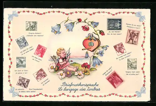AK Briefmarkensprache, Amor mit Pfeil und Bogen
