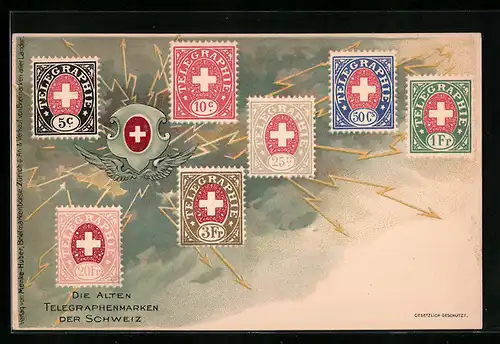 Lithographie Die alten Telegraphenmarken der Schweiz