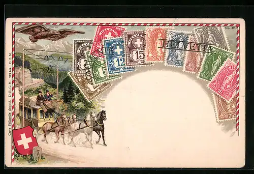Lithographie Helvetia Briefmarken, Pferdekutsche