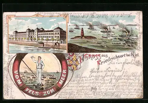 Lithographie Friedrichsort bei Kiel, I. Division beim Friedrichsorter Leuchtturm, Kaserne, Dampfer