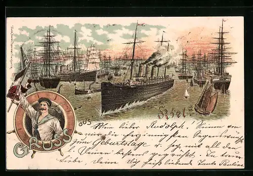 Lithographie Kiel, Dampfer auf Gewässer