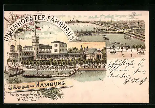 Lithographie Hamburg, Uhlenhorster-Fährhaus, Dampfer