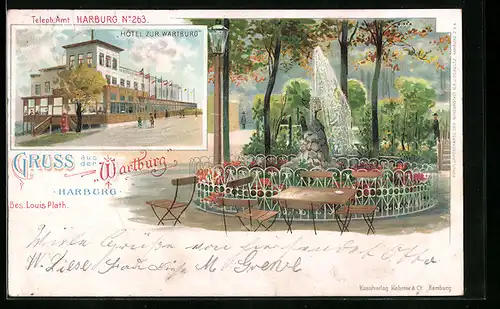 Lithographie Harburg, Hotel zur Wartburg, Brunnen