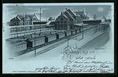 Mondschein-Lithographie Harburg, Bahnhof mit Eisenbahn
