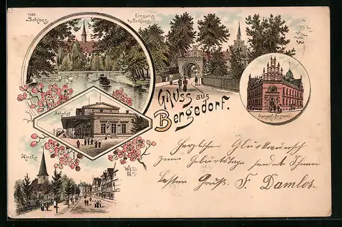 Lithographie Hamburg-Bergedorf, Schloss, Kaiserl. Postamt, Bahnhof