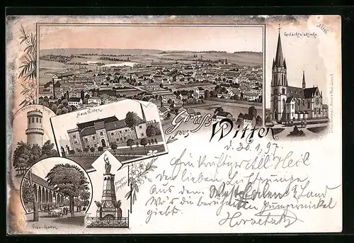 Lithographie Witten, Gedächtniskirche, Voss-Garten, Helenen-Thurm